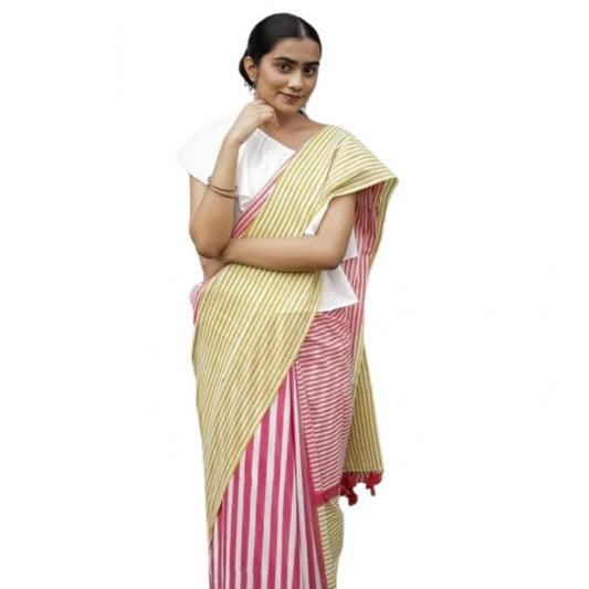 Amfyn Women's Linen Printed Saree With Unstitched Blouse 5.5Mtr (Yellow)