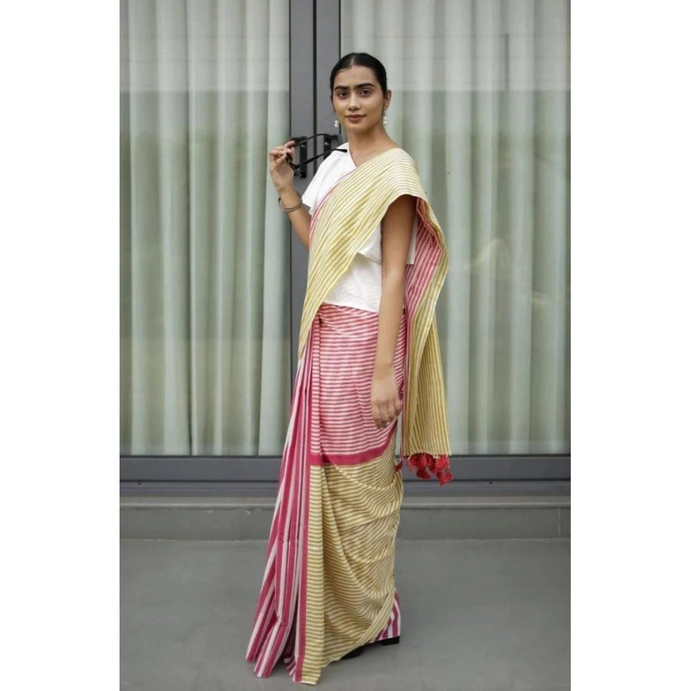 Amfyn Women's Linen Printed Saree With Unstitched Blouse 5.5Mtr (Yellow)