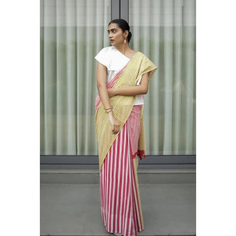 Amfyn Women's Linen Printed Saree With Unstitched Blouse 5.5Mtr (Yellow)