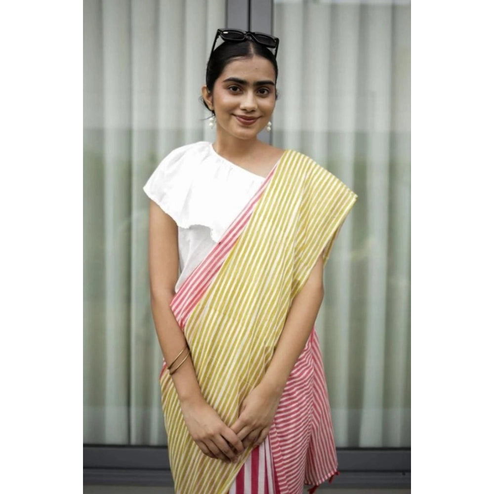 Amfyn Women's Linen Printed Saree With Unstitched Blouse 5.5Mtr (Yellow)