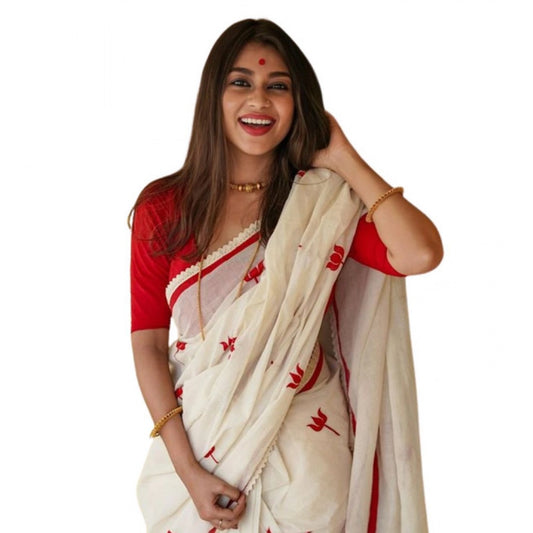 Amfyn Women's Linen Printed Saree With Unstitched Blouse 5.5Mtr (White)