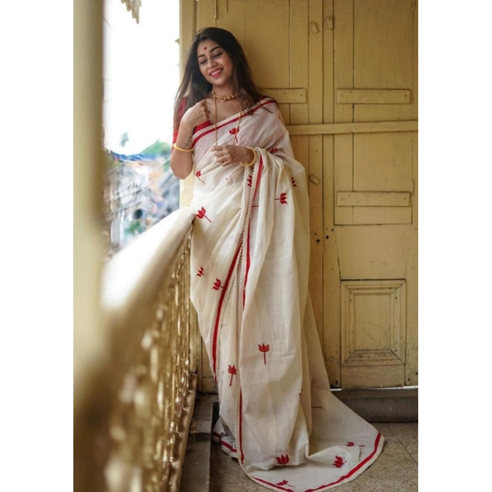Amfyn Women's Linen Printed Saree With Unstitched Blouse 5.5Mtr (White)