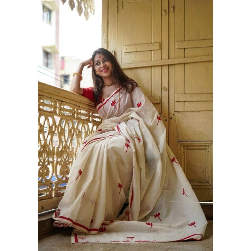 Amfyn Women's Linen Printed Saree With Unstitched Blouse 5.5Mtr (White)
