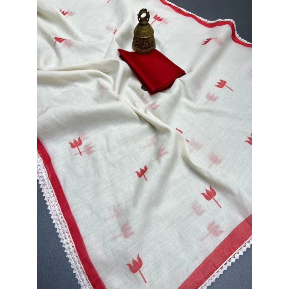Amfyn Women's Linen Printed Saree With Unstitched Blouse 5.5Mtr (White)