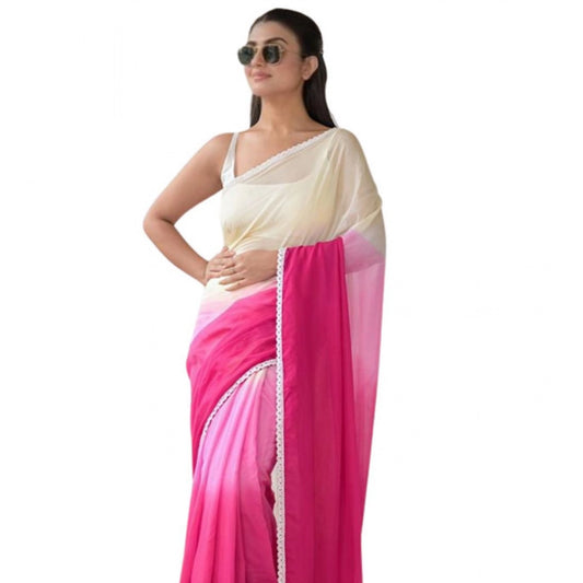 Amfyn Women's Linen Printed Saree With Unstitched Blouse 5.5Mtr (Pink)