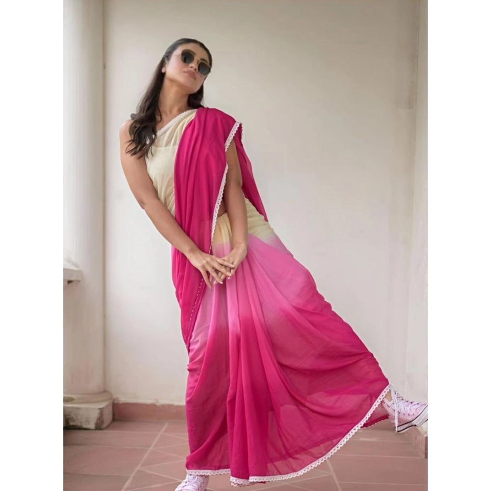 Amfyn Women's Linen Printed Saree With Unstitched Blouse 5.5Mtr (Pink)