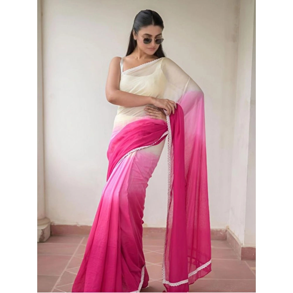 Amfyn Women's Linen Printed Saree With Unstitched Blouse 5.5Mtr (Pink)
