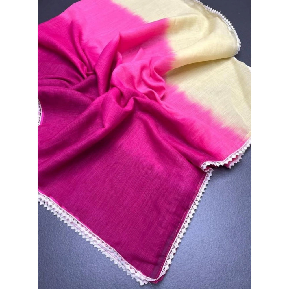 Amfyn Women's Linen Printed Saree With Unstitched Blouse 5.5Mtr (Pink)