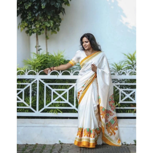 Amfyn Women's Linen Printed Saree With Unstitched Blouse 5.5Mtr (White)