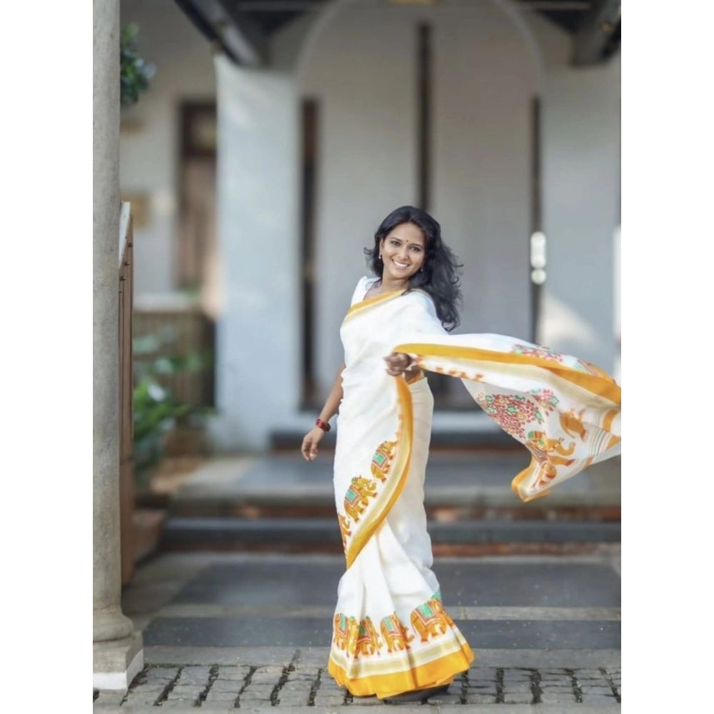 Amfyn Women's Linen Printed Saree With Unstitched Blouse 5.5Mtr (White)