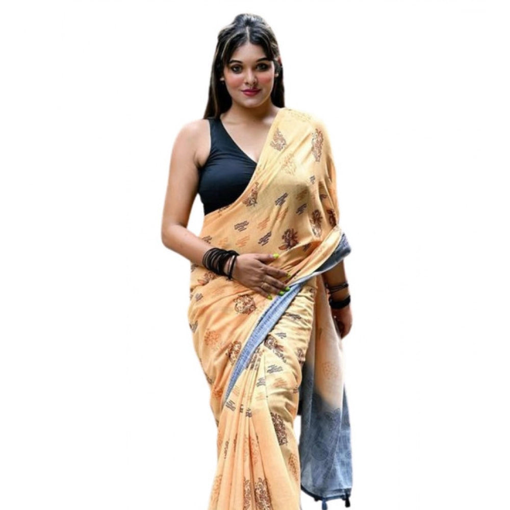Amfyn Women's Linen Printed Saree With Unstitched Blouse 5.5Mtr (Peach)