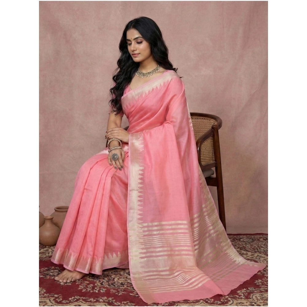 Amfyn Women's Cotton Printed Saree With Unstitched Blouse 5.5Mtr (Coral Pink)