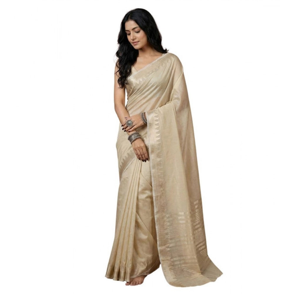 Amfyn Women's Cotton Printed Saree With Unstitched Blouse 5.5Mtr (Cream)