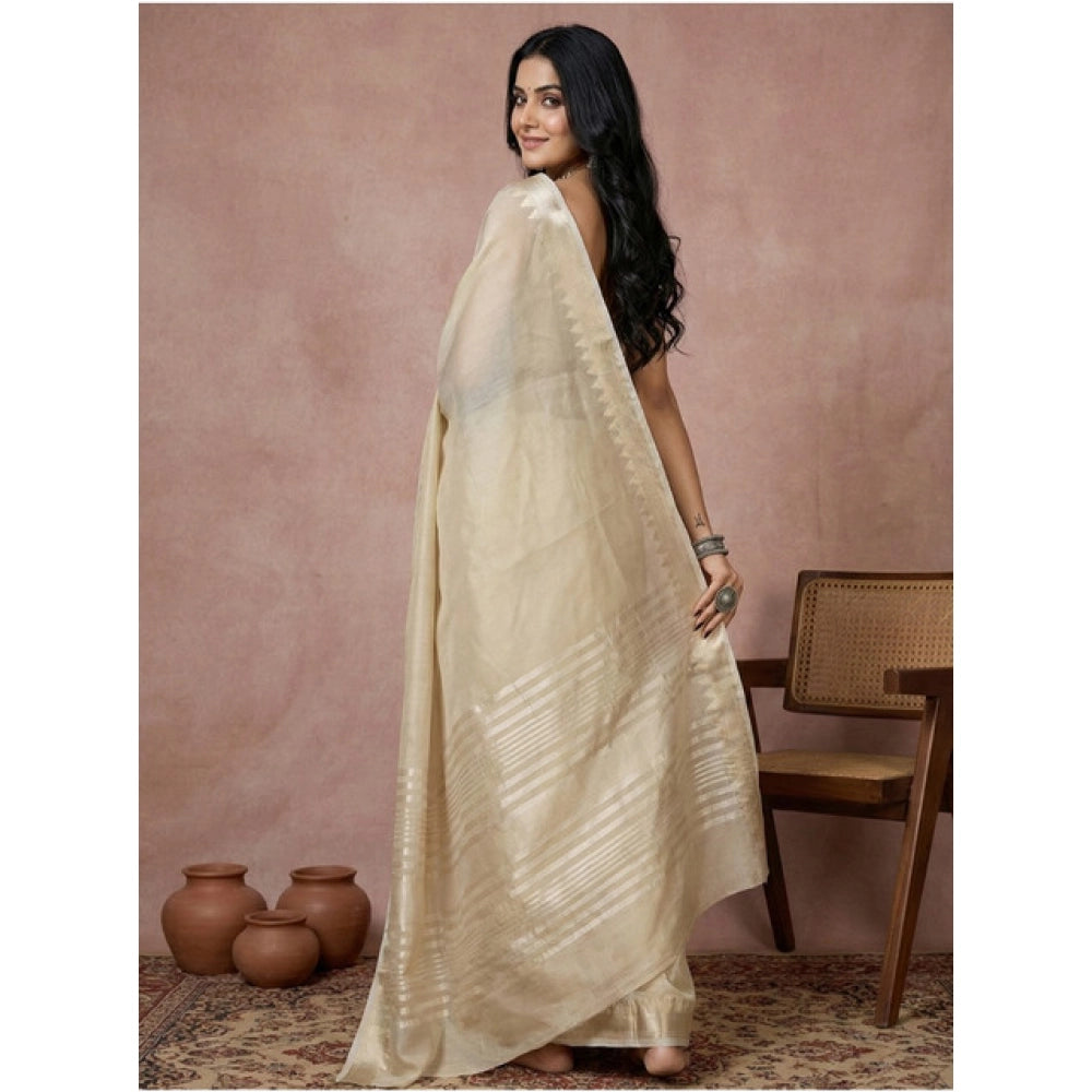 Amfyn Women's Cotton Printed Saree With Unstitched Blouse 5.5Mtr (Cream)