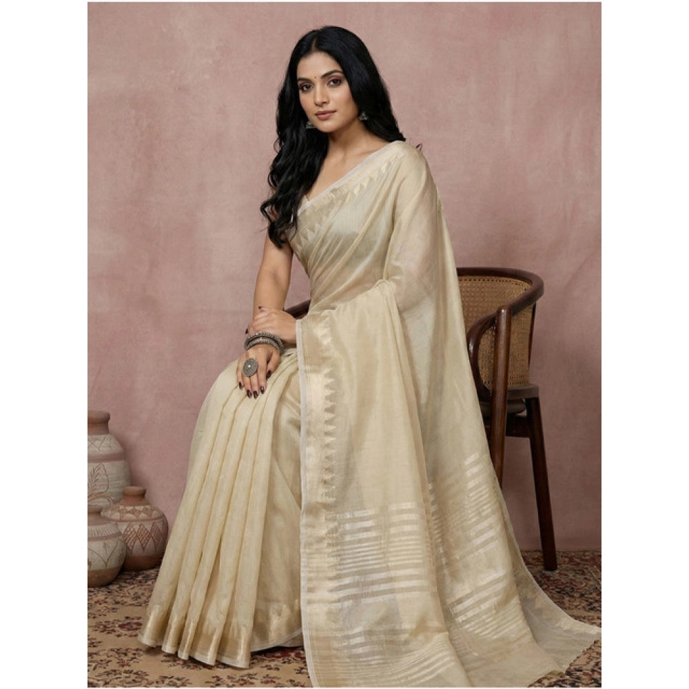 Amfyn Women's Cotton Printed Saree With Unstitched Blouse 5.5Mtr (Cream)