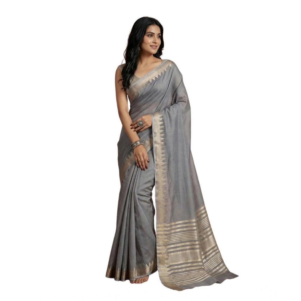 Amfyn Women's Cotton Printed Saree With Unstitched Blouse 5.5Mtr (Gray)