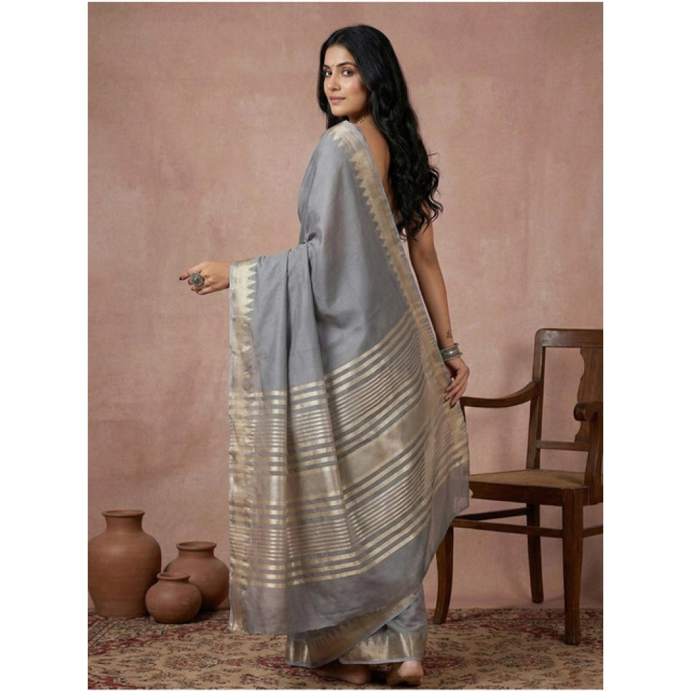Amfyn Women's Cotton Printed Saree With Unstitched Blouse 5.5Mtr (Gray)