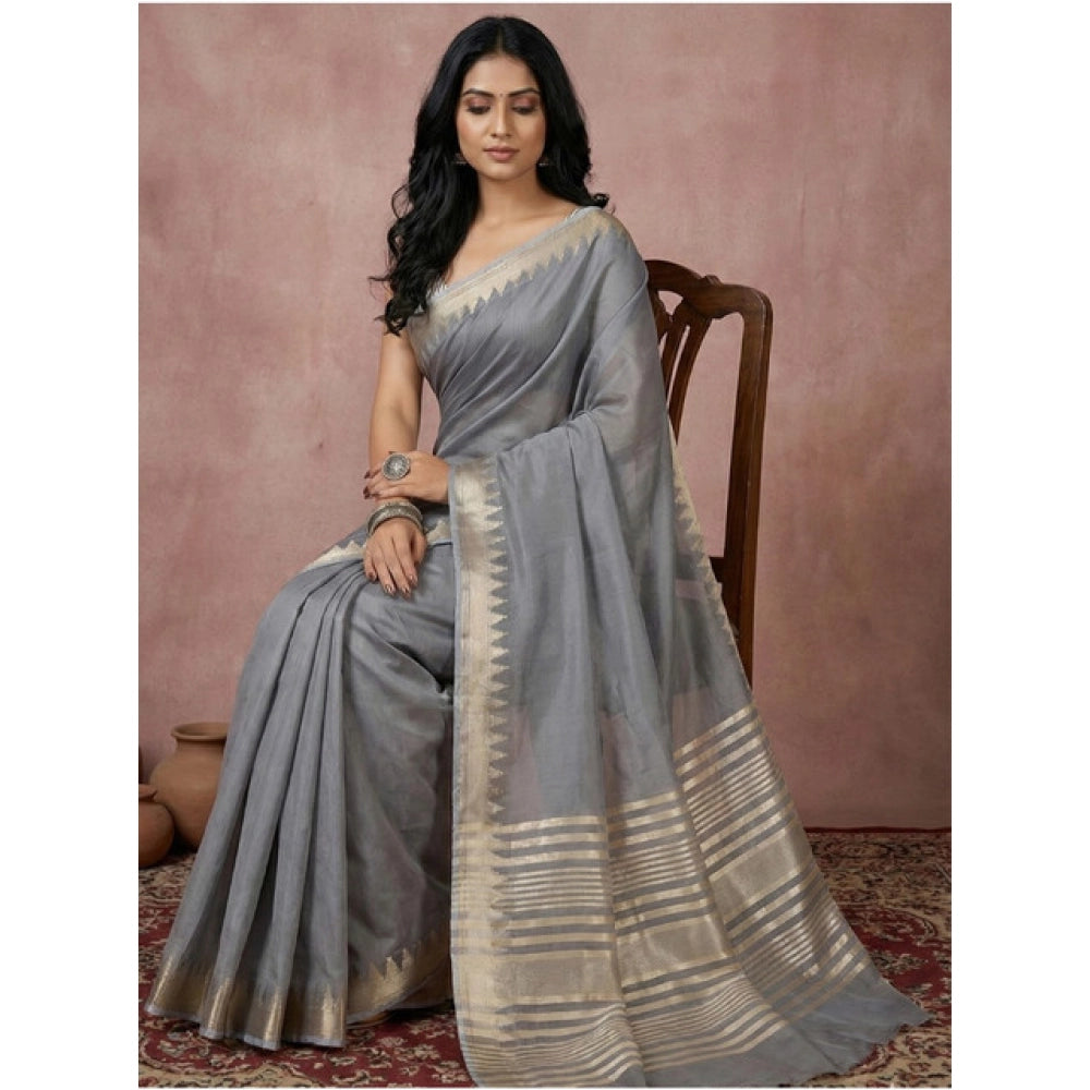 Amfyn Women's Cotton Printed Saree With Unstitched Blouse 5.5Mtr (Gray)