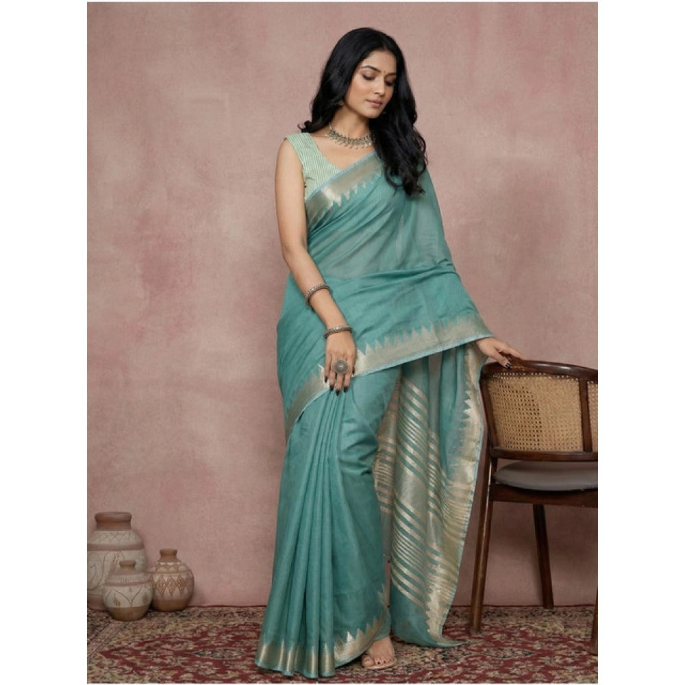 Amfyn Women's Cotton Printed Saree With Unstitched Blouse 5.5Mtr (Teal)
