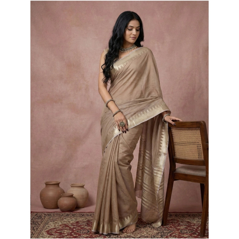 Amfyn Women's Cotton Printed Saree With Unstitched Blouse 5.5Mtr (Beige)