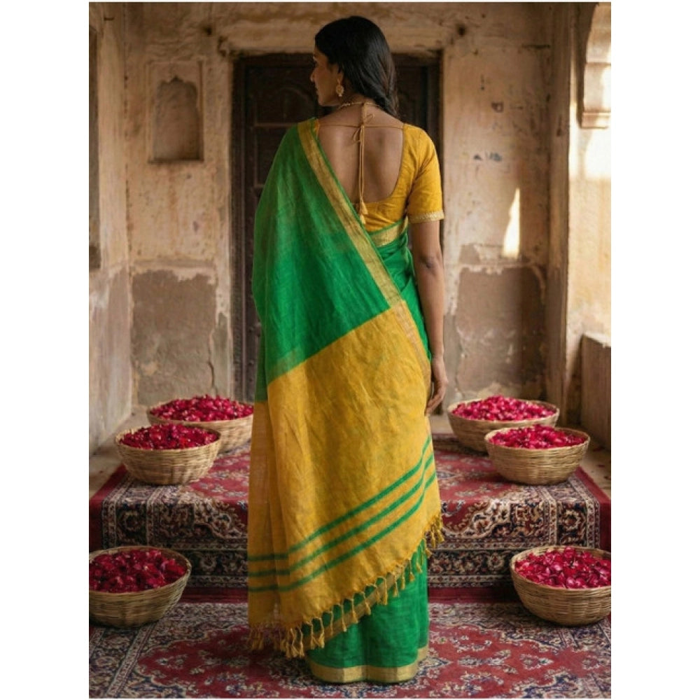 Amfyn Women's Cotton Printed Saree With Unstitched Blouse 5.5Mtr (Green)