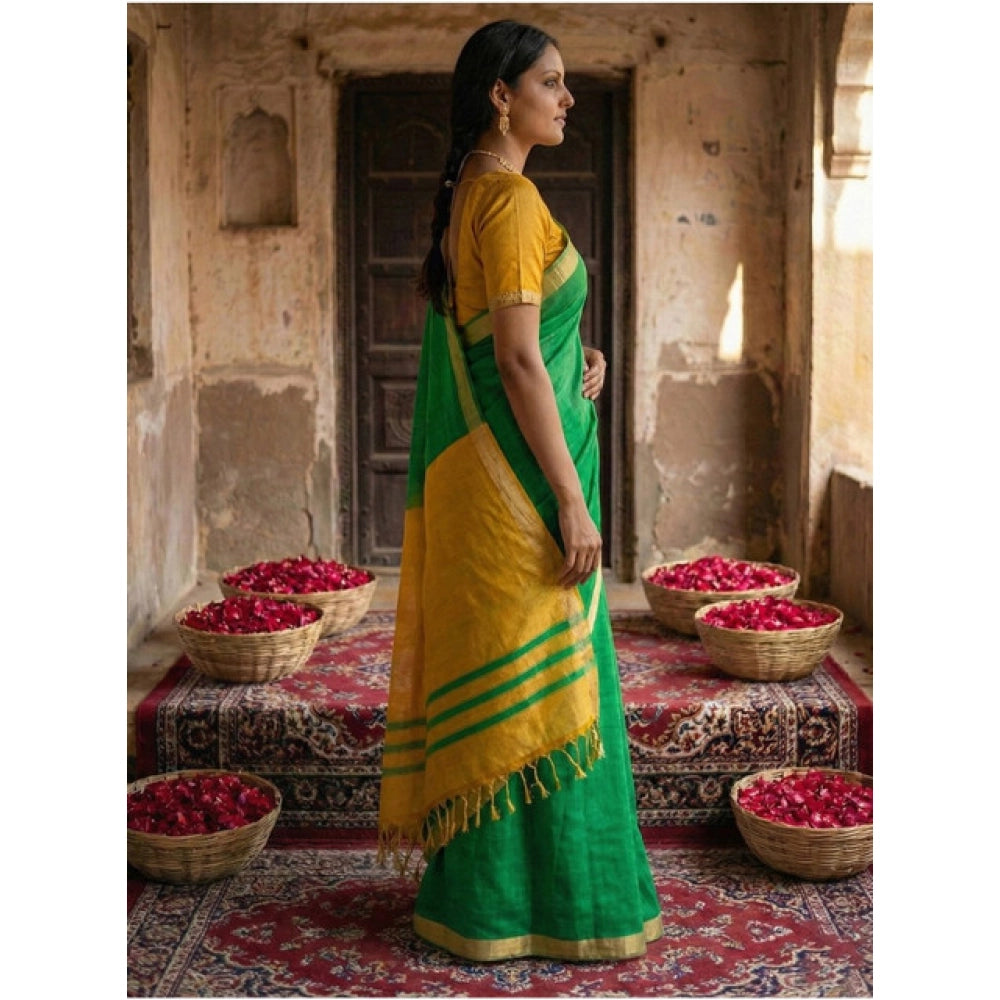 Amfyn Women's Cotton Printed Saree With Unstitched Blouse 5.5Mtr (Green)