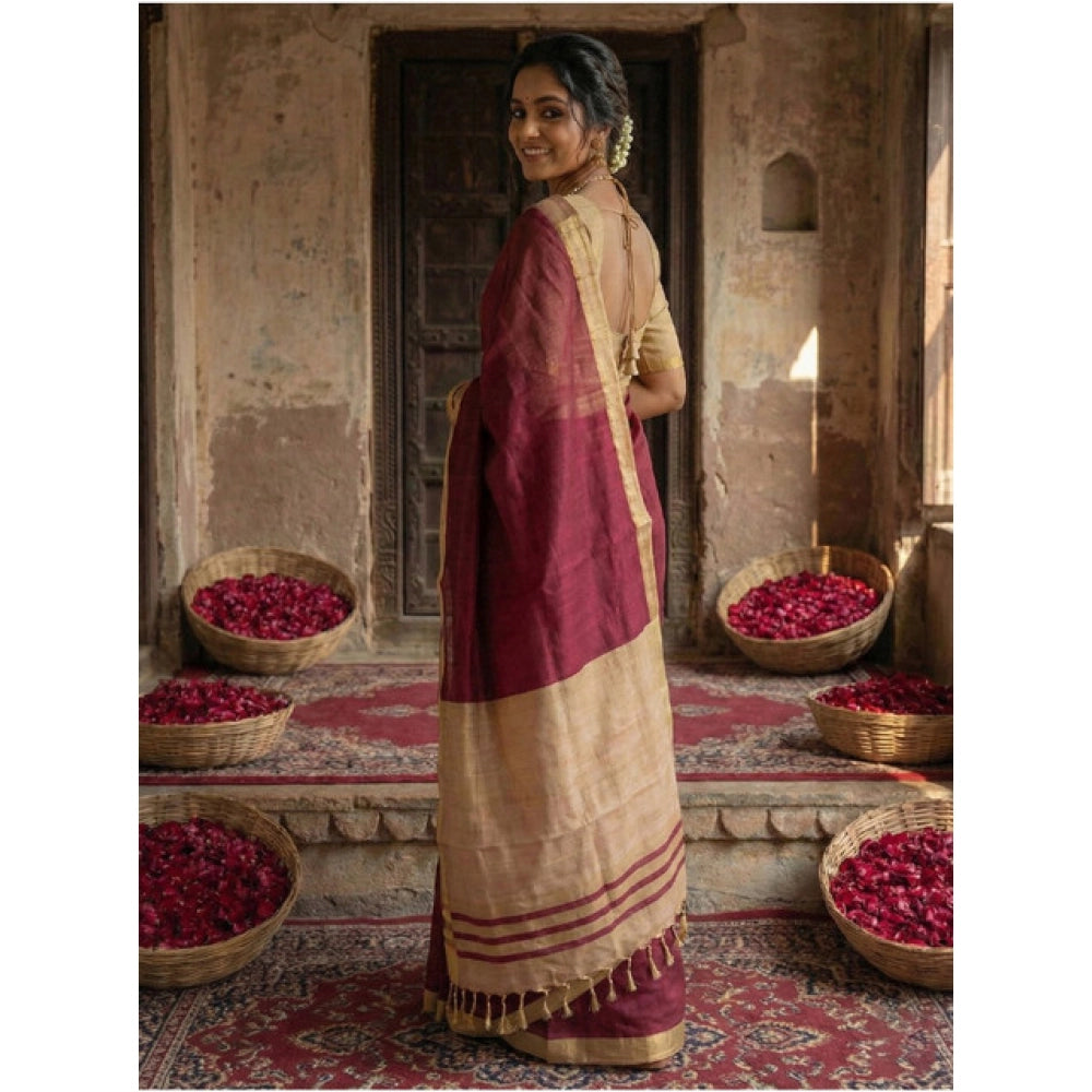 Amfyn Women's Cotton Printed Saree With Unstitched Blouse 5.5Mtr (Wine)