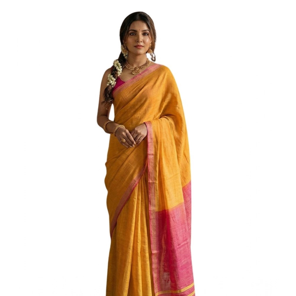 Amfyn Women's Cotton Printed Saree With Unstitched Blouse 5.5Mtr (Yellow)