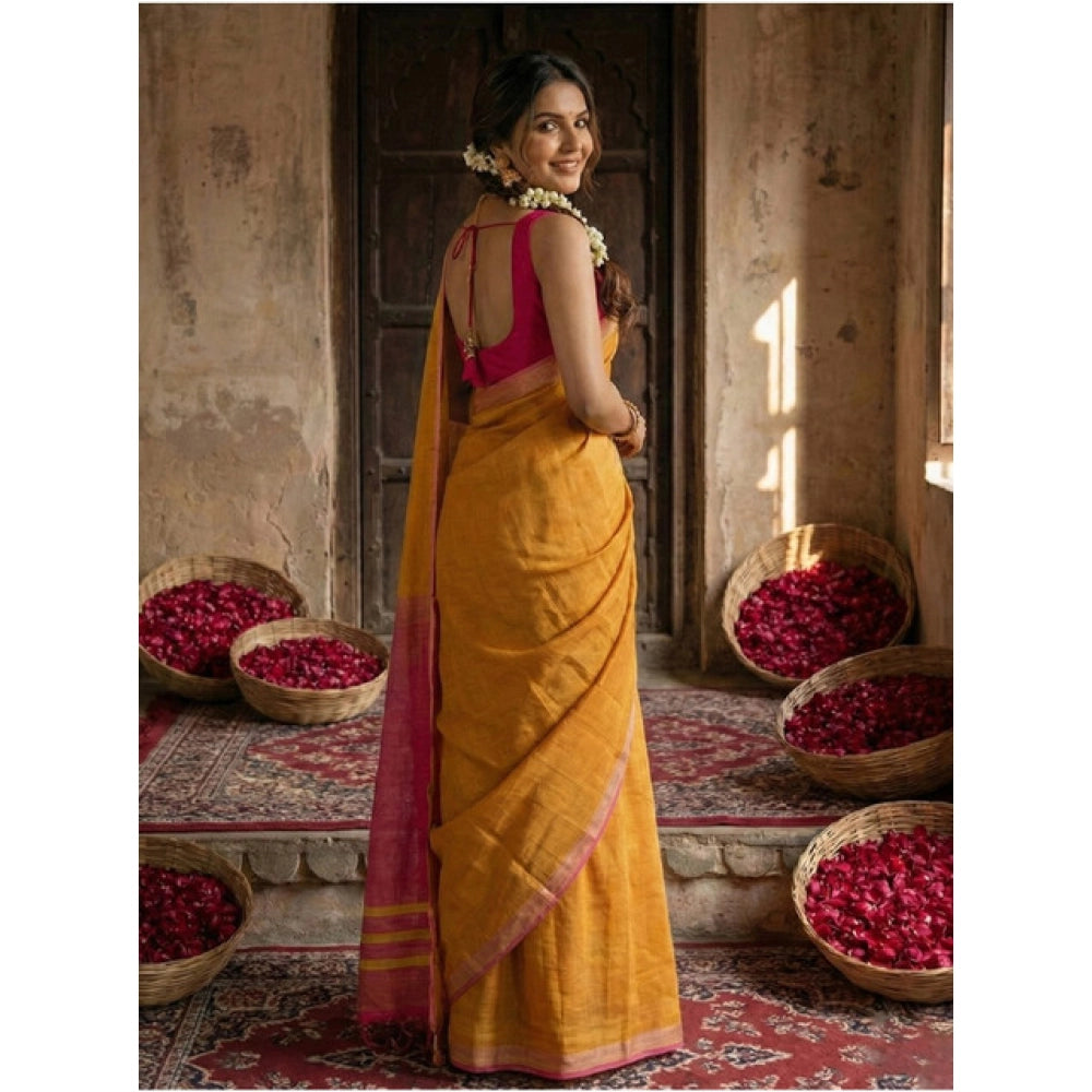 Amfyn Women's Cotton Printed Saree With Unstitched Blouse 5.5Mtr (Yellow)