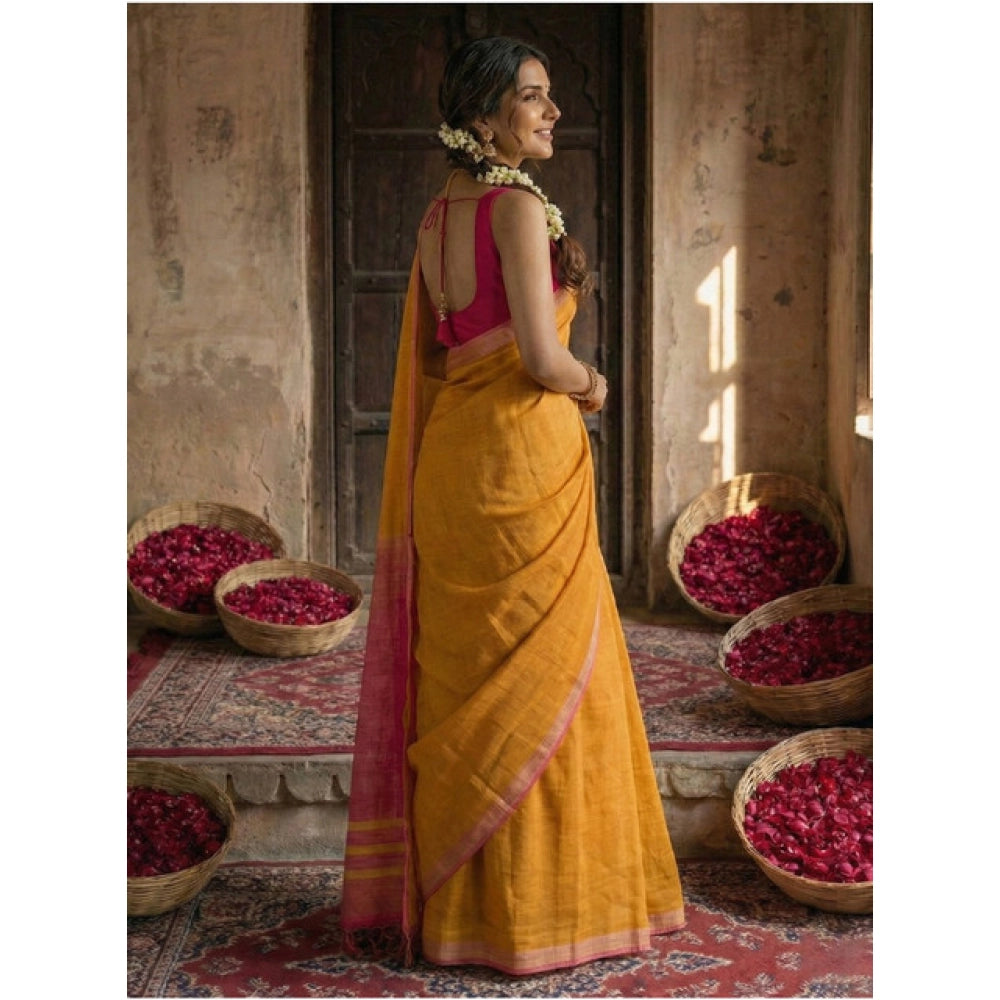 Amfyn Women's Cotton Printed Saree With Unstitched Blouse 5.5Mtr (Yellow)
