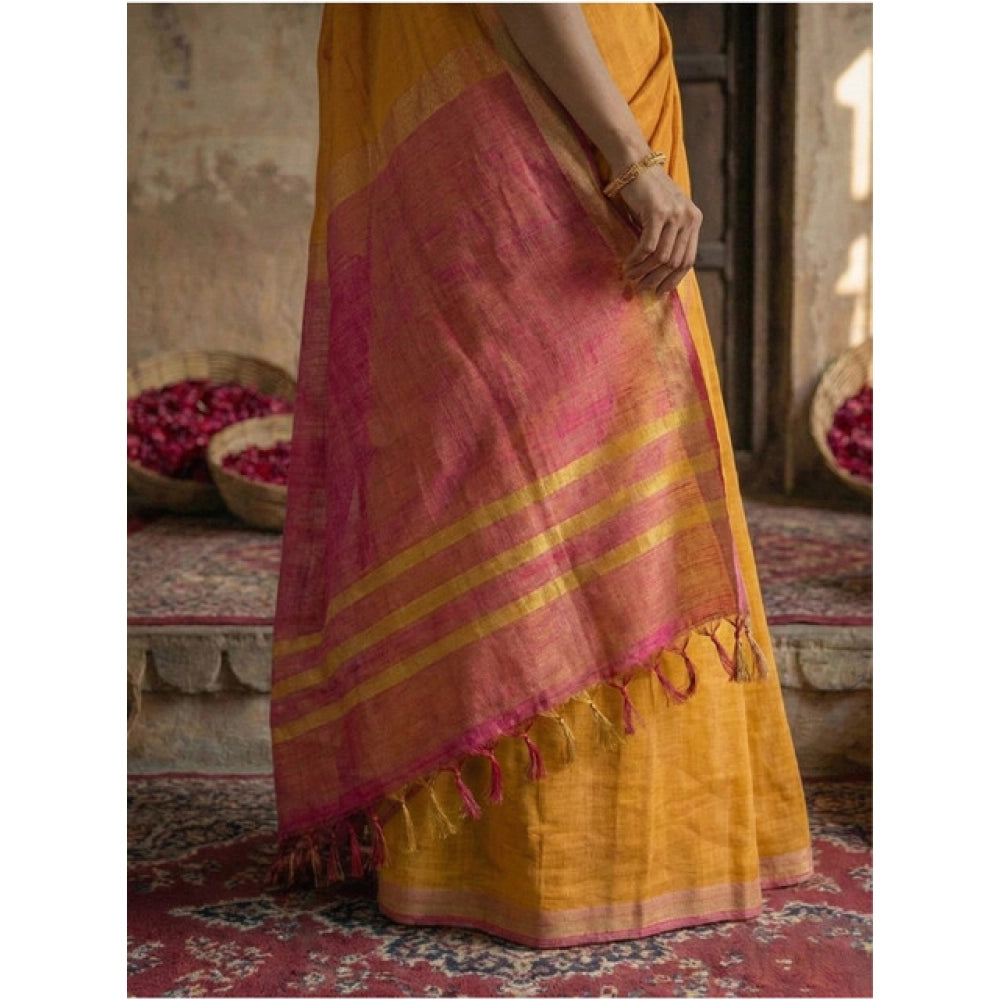 Amfyn Women's Cotton Printed Saree With Unstitched Blouse 5.5Mtr (Yellow)