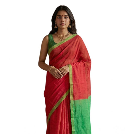 Amfyn Women's Cotton Printed Saree With Unstitched Blouse 5.5Mtr (Red)