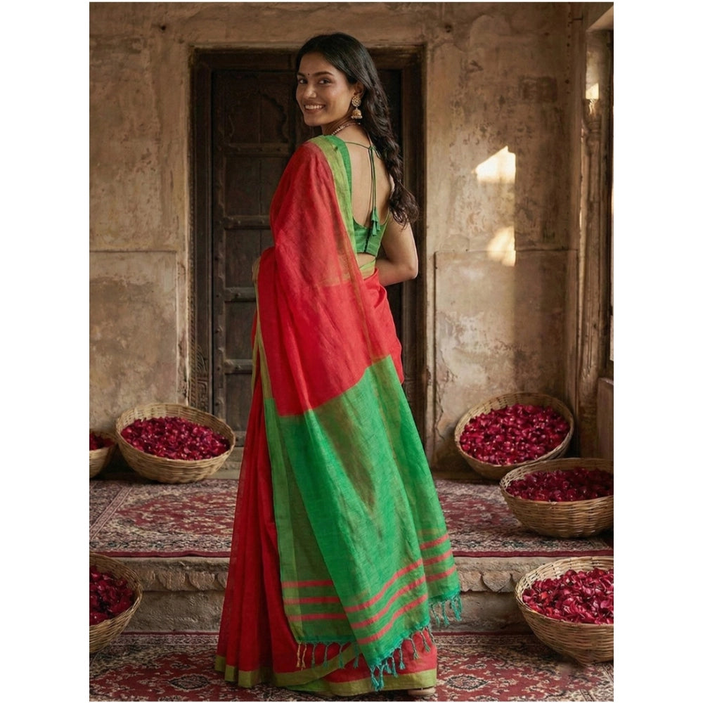 Amfyn Women's Cotton Printed Saree With Unstitched Blouse 5.5Mtr (Red)