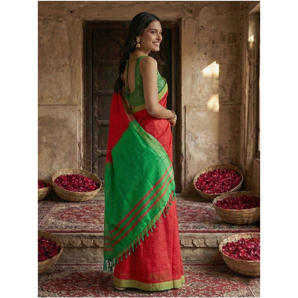 Amfyn Women's Cotton Printed Saree With Unstitched Blouse 5.5Mtr (Red)