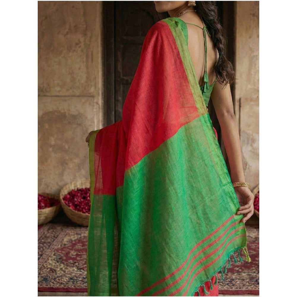 Amfyn Women's Cotton Printed Saree With Unstitched Blouse 5.5Mtr (Red)