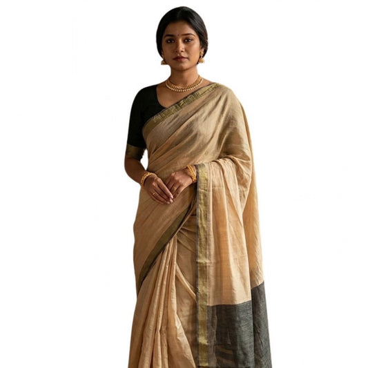 Amfyn Women's Cotton Printed Saree With Unstitched Blouse 5.5Mtr (Beige)