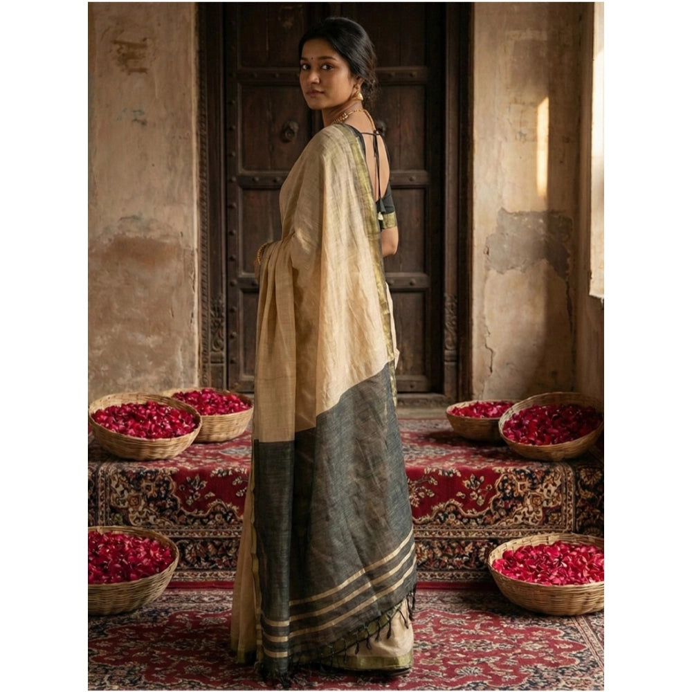 Amfyn Women's Cotton Printed Saree With Unstitched Blouse 5.5Mtr (Beige)