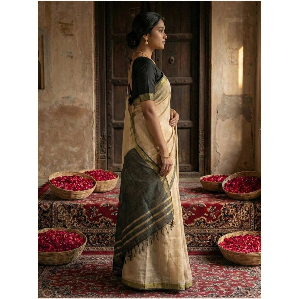 Amfyn Women's Cotton Printed Saree With Unstitched Blouse 5.5Mtr (Beige)