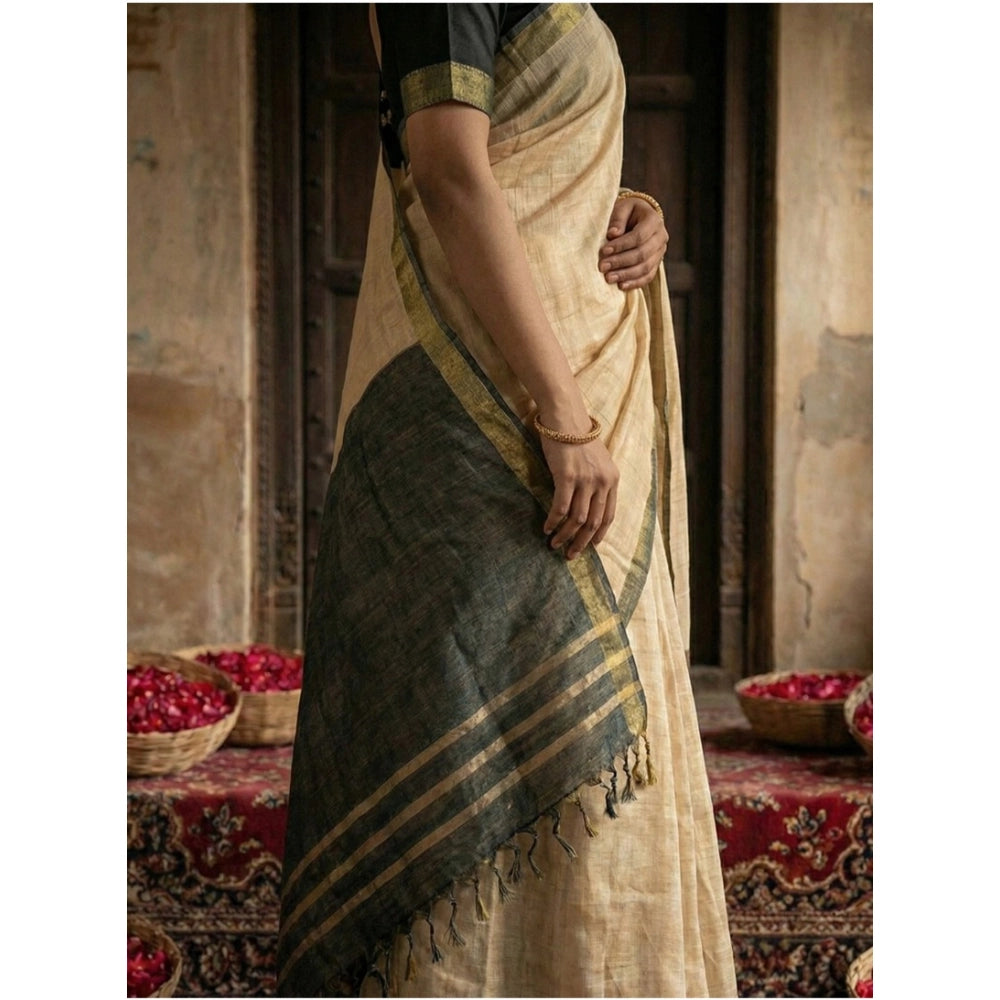 Amfyn Women's Cotton Printed Saree With Unstitched Blouse 5.5Mtr (Beige)