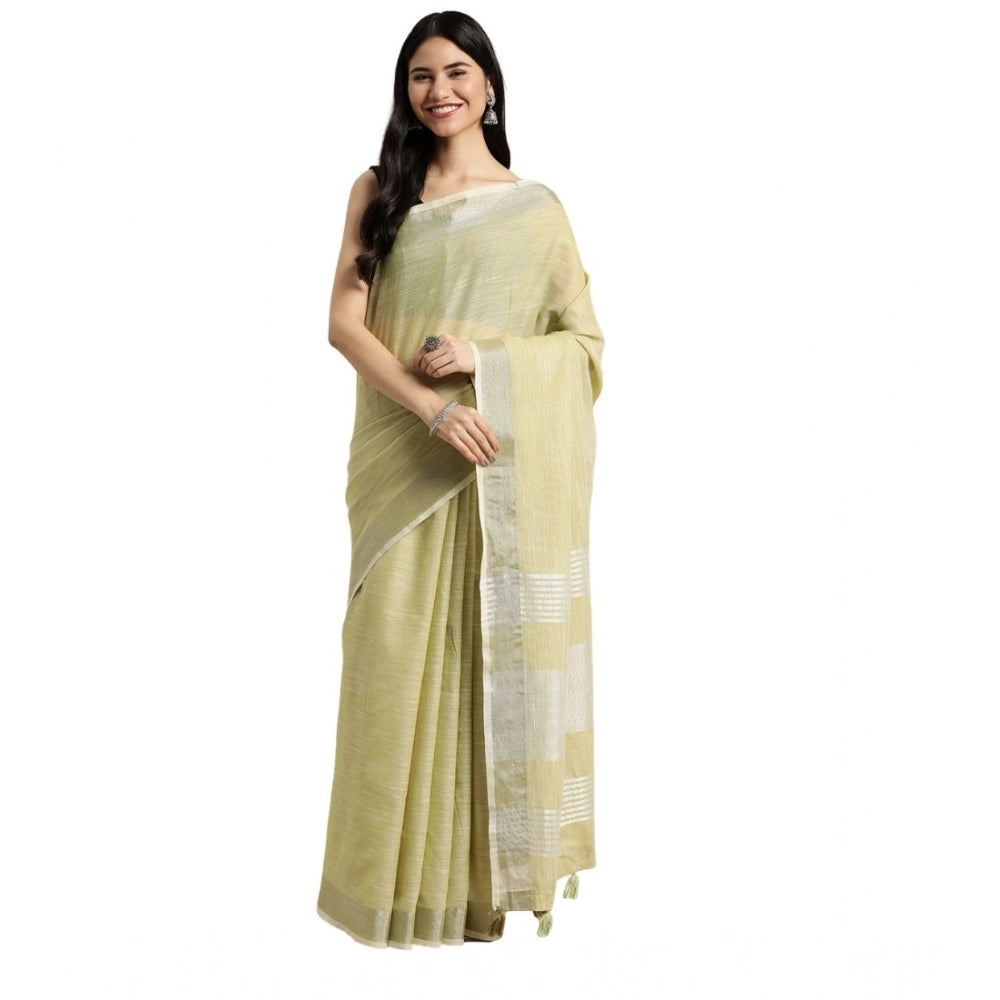 Amfyn Women's Linen Cotton Printed Saree With Unstitched Blouse 5.5Mtr (Olive Green)