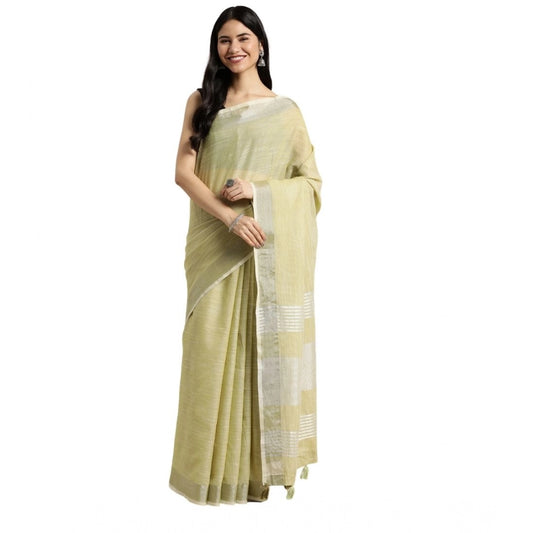 Amfyn Women's Linen Cotton Printed Saree With Unstitched Blouse 5.5Mtr (Olive Green)