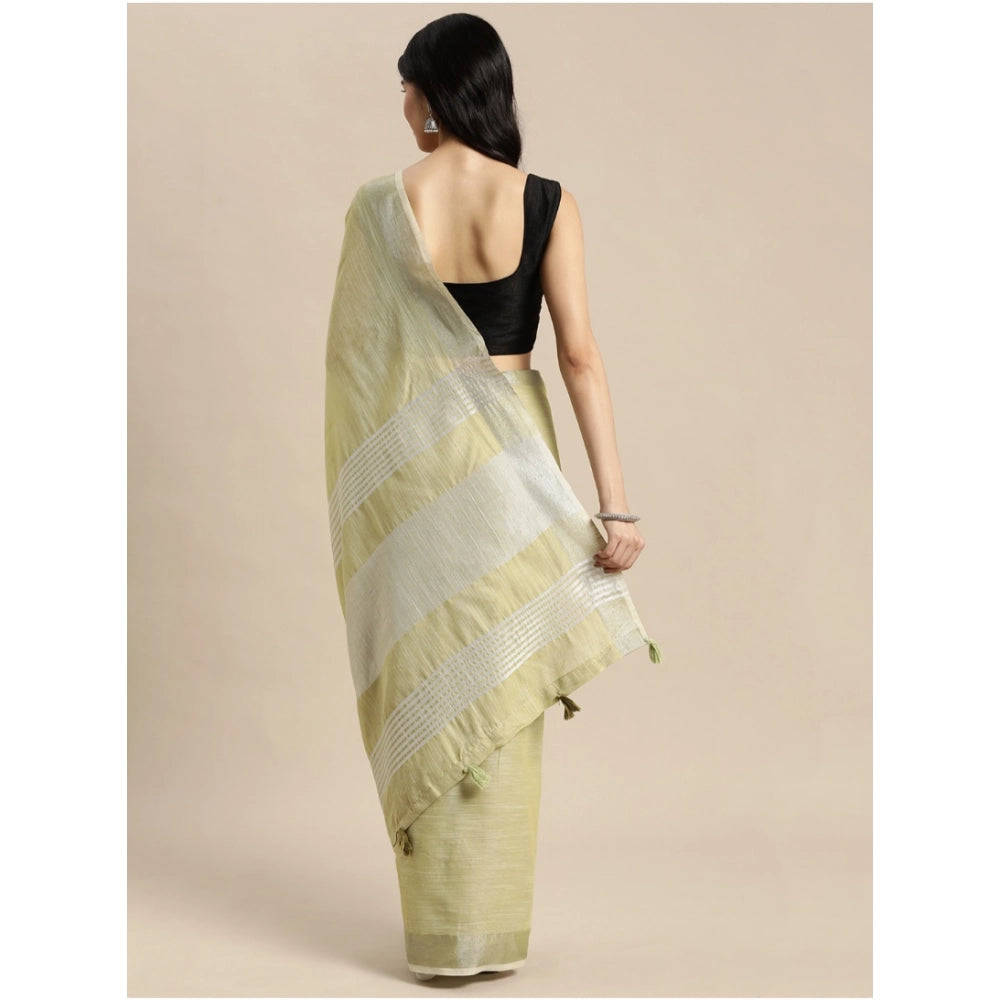 Amfyn Women's Linen Cotton Printed Saree With Unstitched Blouse 5.5Mtr (Olive Green)