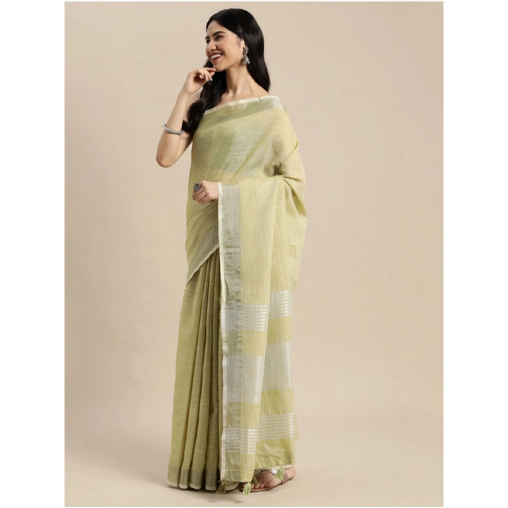 Amfyn Women's Linen Cotton Printed Saree With Unstitched Blouse 5.5Mtr (Olive Green)