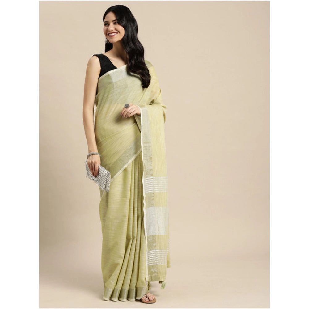 Amfyn Women's Linen Cotton Printed Saree With Unstitched Blouse 5.5Mtr (Olive Green)
