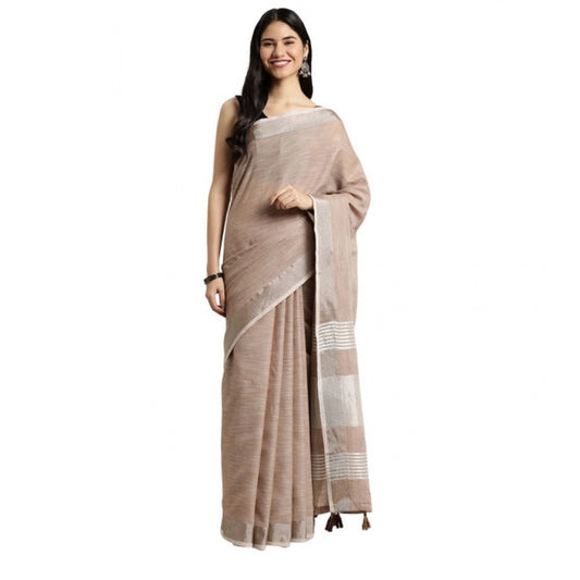 Amfyn Women's Linen Cotton Printed Saree With Unstitched Blouse 5.5Mtr (Beige)