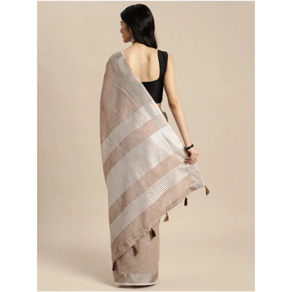 Amfyn Women's Linen Cotton Printed Saree With Unstitched Blouse 5.5Mtr (Beige)