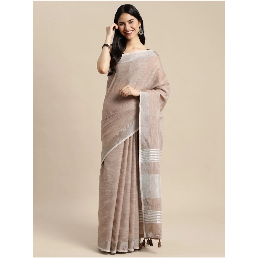Amfyn Women's Linen Cotton Printed Saree With Unstitched Blouse 5.5Mtr (Beige)