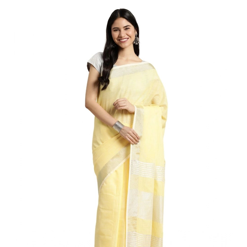 Amfyn Women's Linen Cotton Printed Saree With Unstitched Blouse 5.5Mtr (Yellow)