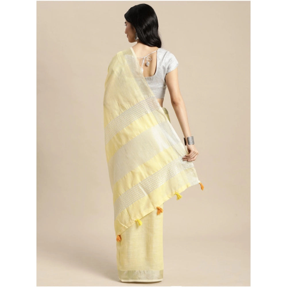 Amfyn Women's Linen Cotton Printed Saree With Unstitched Blouse 5.5Mtr (Yellow)