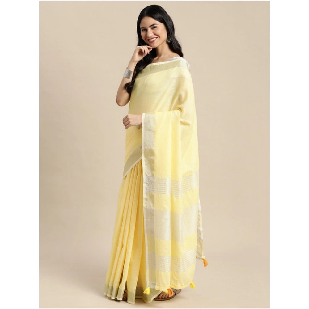 Amfyn Women's Linen Cotton Printed Saree With Unstitched Blouse 5.5Mtr (Yellow)